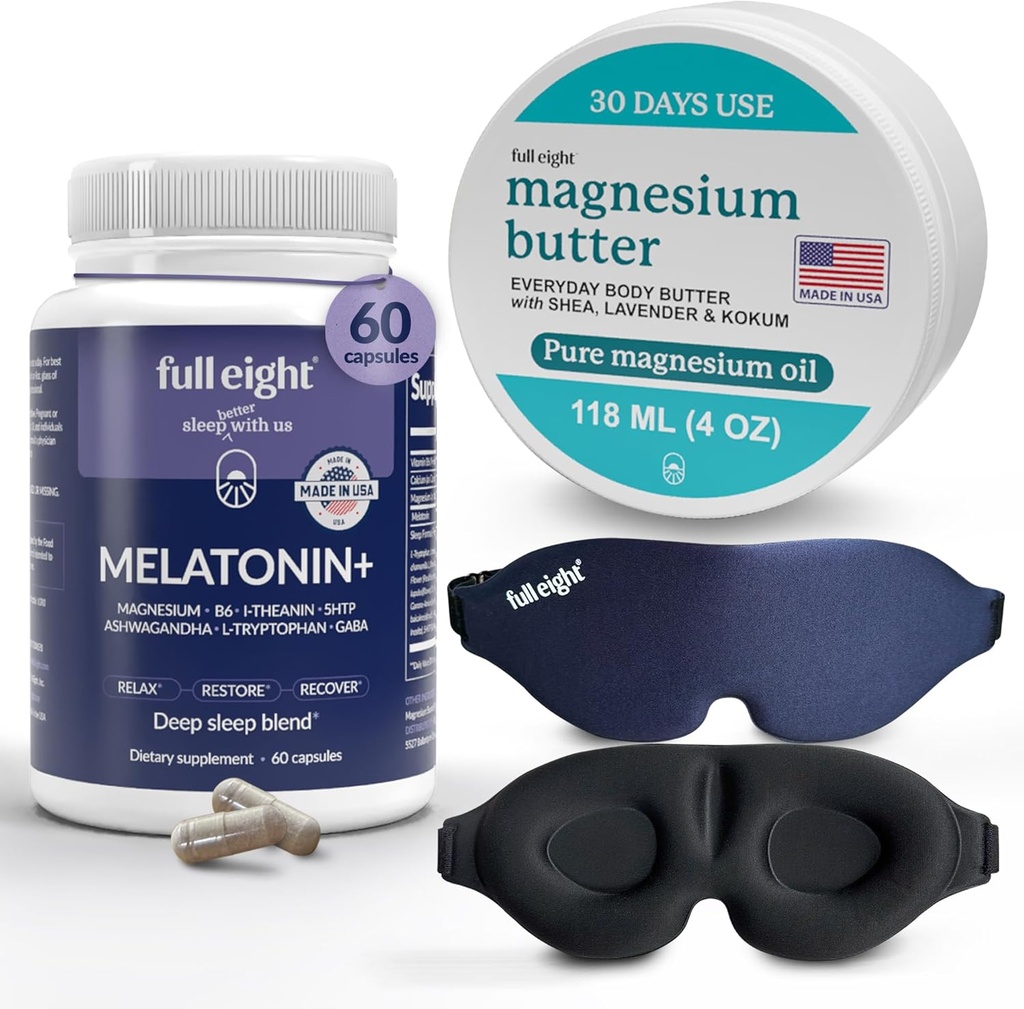 Sleep Bundle: 3D Light Blocking Sleep Mask, Melatonin+ Fast Dissolve Melatonin Supplements 60 Capsules, y Magnesium Body Butter for Tensed Legs & Tight Muscles, 4oz Cream