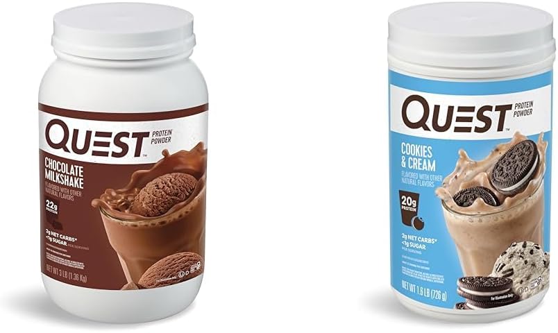 Quest Nutrition Chocolate Milkshake Protein Powder, 22g Protein, 1g Sugar, Low Carb, Gluten Free, 3 libras, 43 piezas " Cookies " Cream Protein Powder; 20g Protein; 1g Sugar; Low Carb; Gluten Free