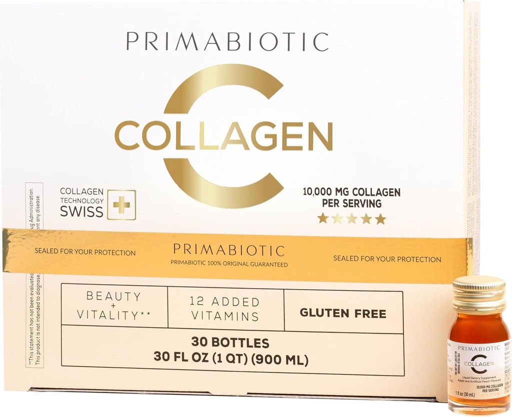 Collagen líquido PRIMABIOTIC - alto contenido de colágeno [10.000 Mg] Por servicio - colágeno hidrolizado y 12 vitaminas - Gluten libre- 900 Ml - paquete de 30 botellas x 30 Ml (1)