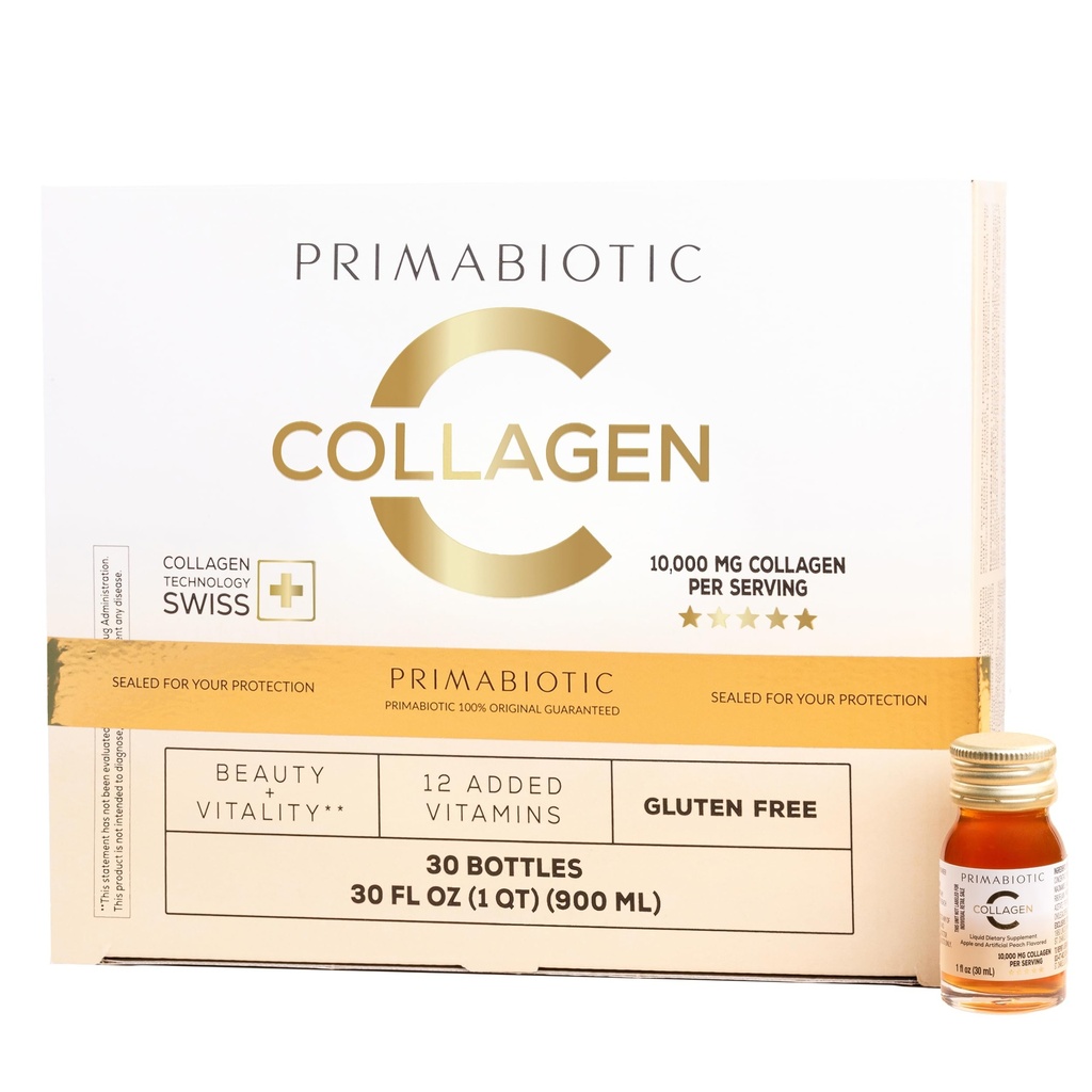 PRIMABIOTIC Liquid Collagen Beauty - 10000 mg per Serving - Hydrolyzed Collagen + 12 Vitamins – Gluten Free – Pack of 30 x 1 fl oz (30 mL) Bottles
