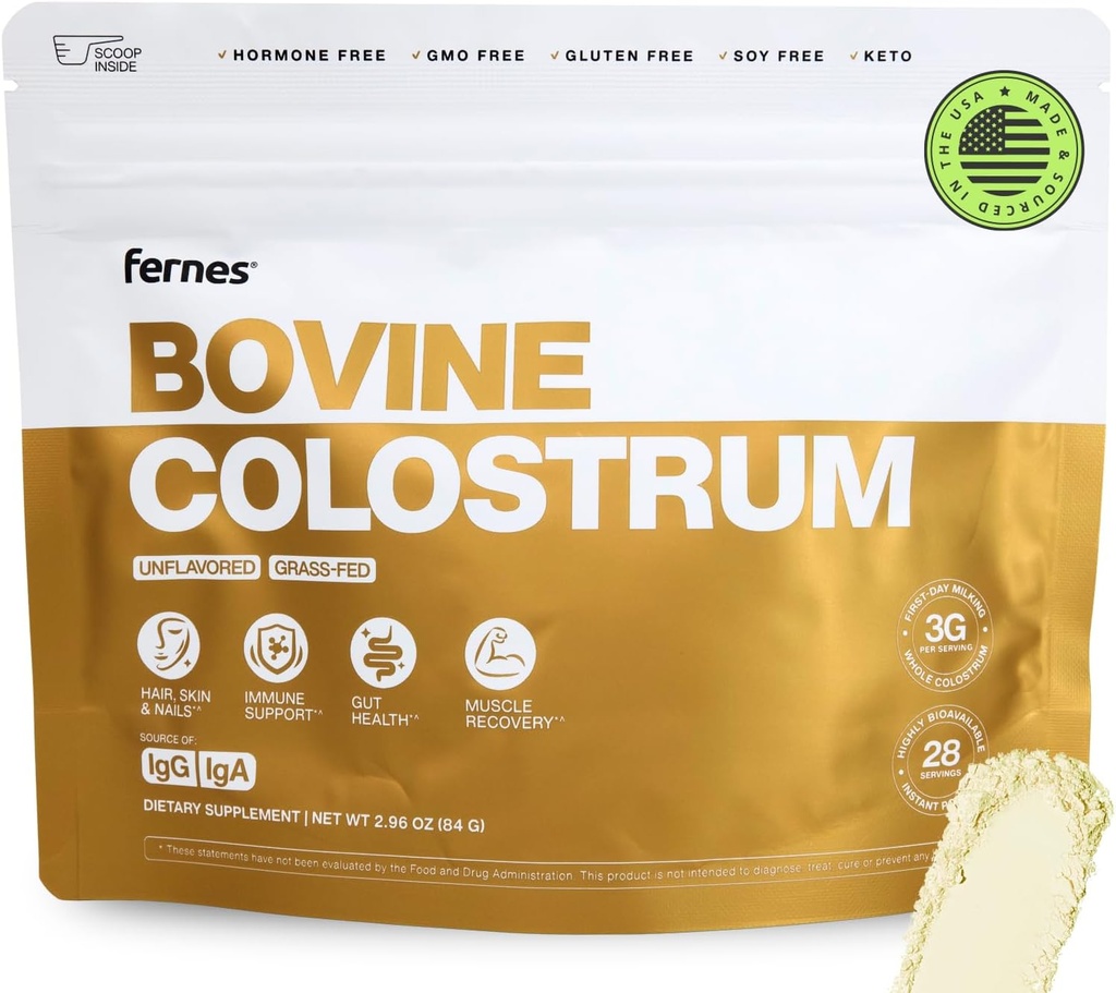 Grass Fed Whole Bovine Colostrum Powder for Women &amp; Men – First Day Milking, Non GMO, Soy Free, Keto, Gluten Free – 28 Servings, 2.96 oz, Unflavored, Made in USA