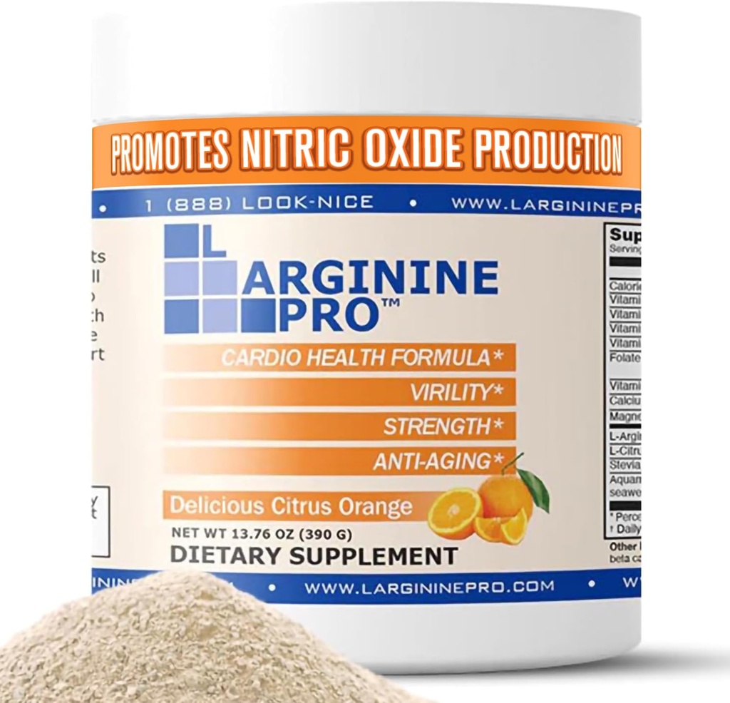 L-Arginine PRO ← 5,500mg L-Arginine Plus L-Citrulline 1,100mg Orange Powder Drink Mix Suplemento para aumentar la producción de óxido nítrico