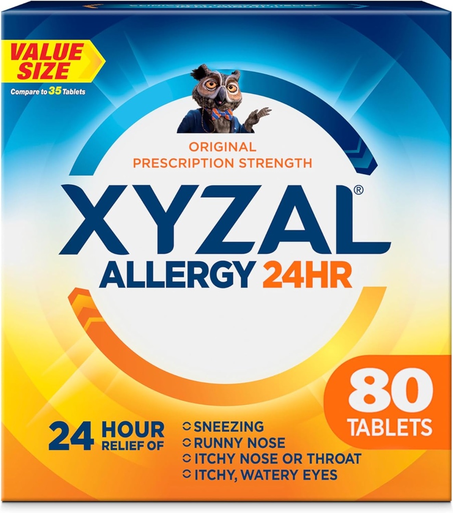 Medicamento de Alivio de la Alergia Xyzal 24 horas, Antihistamínico de Prescripción Original, Tablas de Dihidrocloruro de Levocetirizina, 5 mg, 80 conteo
