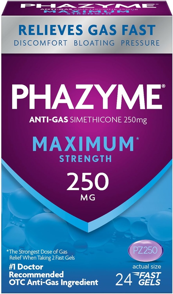 Phazyme Maximum* Strength Anti-Gas 250 mg Simethicone Gas Relief for Adults, Fast Gels Quickly Ease Bloating, Pressure & Discomfort, 24 Condes