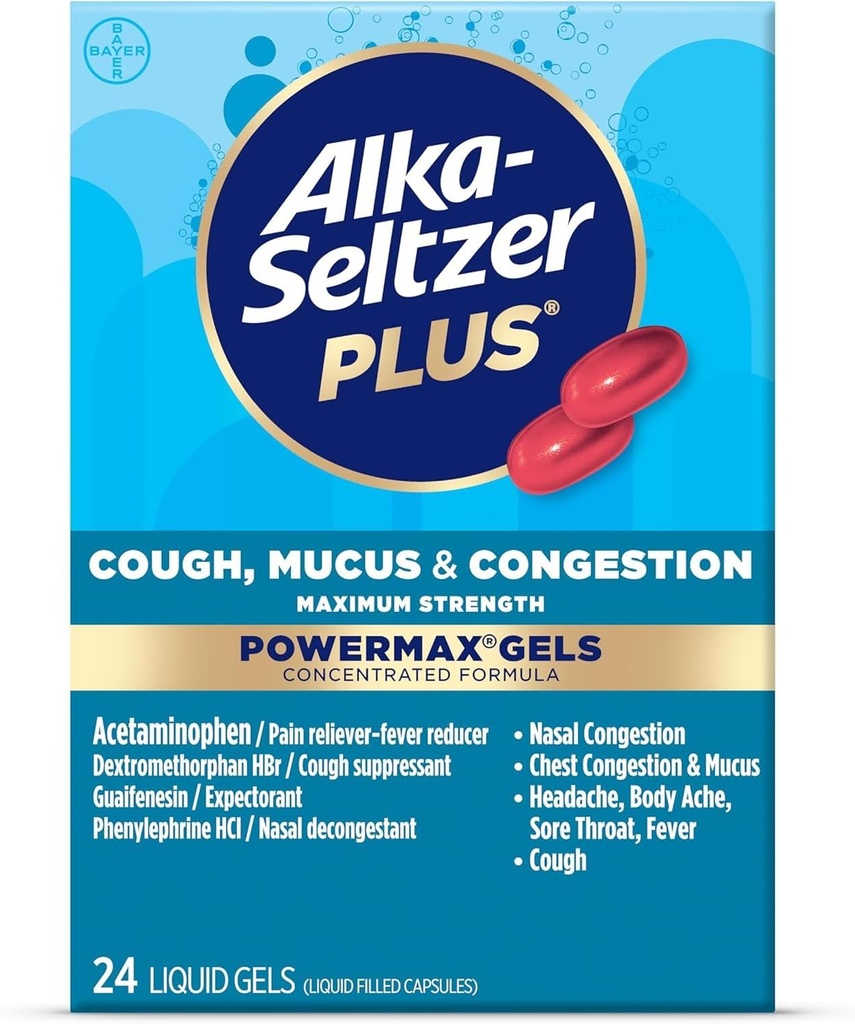 Alka-Seltzer Plus Máximo Tos de Fuerza, Mucus &amp; Congestion Powermax Líquidos Gels, Alivio de Congestión rápida y efectiva de Aprendizaje, Para Adultos y Niños 12 Años y 24 Conde