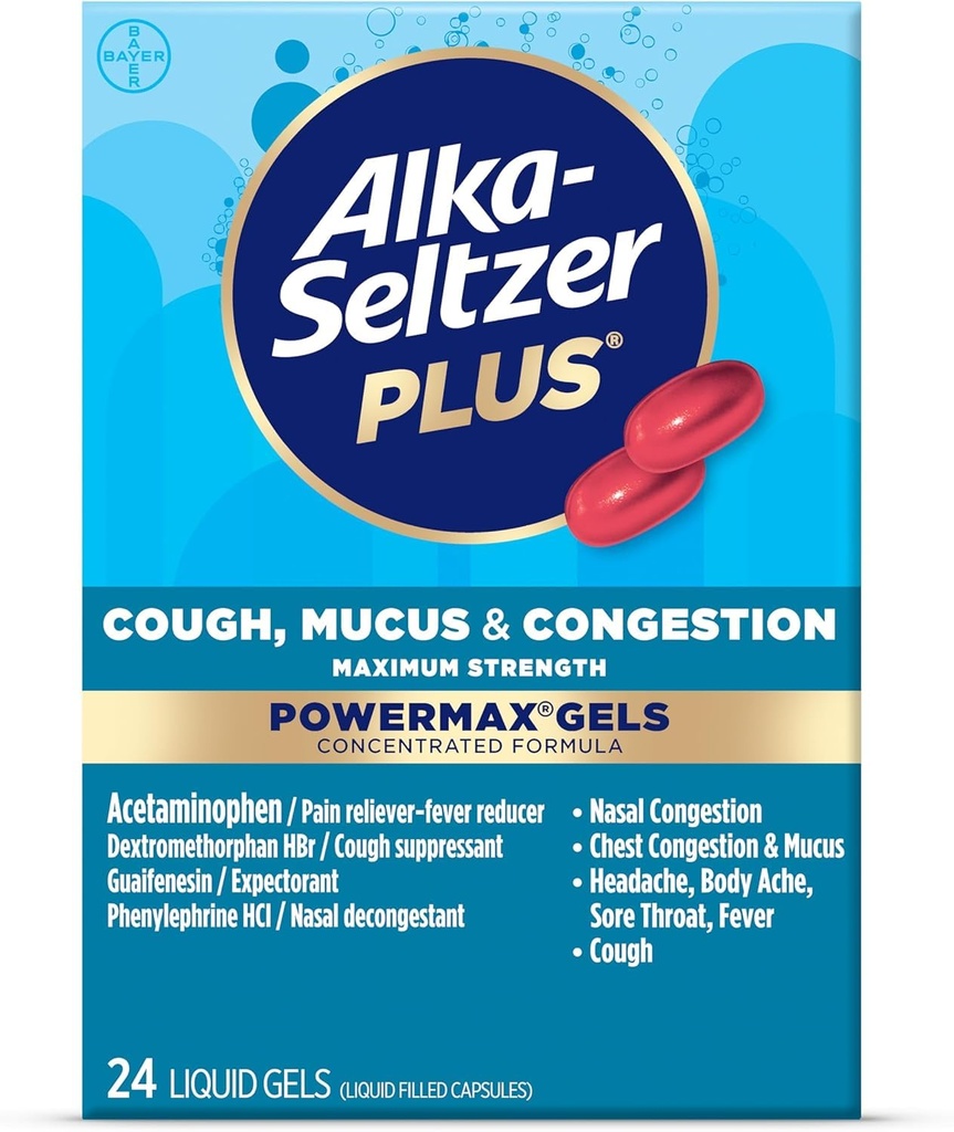 Alka-Seltzer Plus Máximo Tos de Fuerza, Mucus &amp; Congestion Powermax Líquidos Gels, Alivio de Congestión rápida y efectiva de Aprendizaje, Para Adultos y Niños 12 Años y 24 Conde