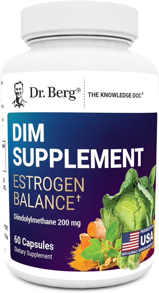 Dr. Berg DIM Suplemento Estrógeno Balance - Original Estrógeno Suplemento para Mujeres con Diindolylmetano para Síntomas Menstruales " Alivio de la menopausia " Black Pepper for Enhanced Absorption - 60 cápsulas
