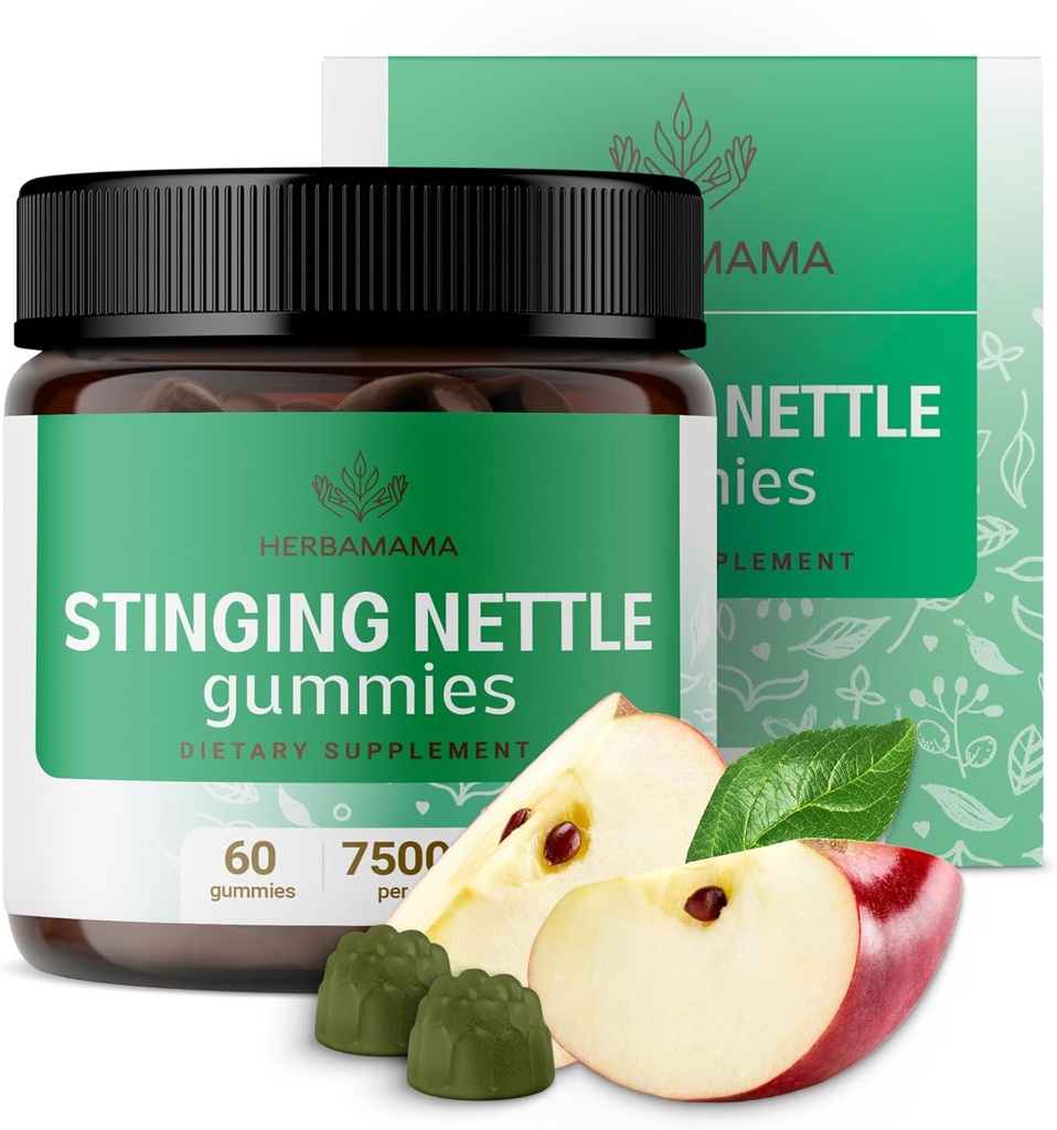 HERBAMAMA Stinginging Nettle Gummies - 7500mg Stinging Nettle Root Extract for Urinary Tract Support for Women &amp; Hombre - Vegan, Non-GMO Urtica Dioica Suplemento - 60 Pectin-Based Apple-Flavored Chews