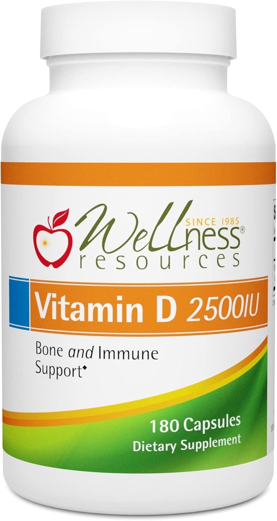 Wellness Resources Vitamina D - 2.500 UI Vitamina D3 libre de soja (180 cápsulas vegetales)