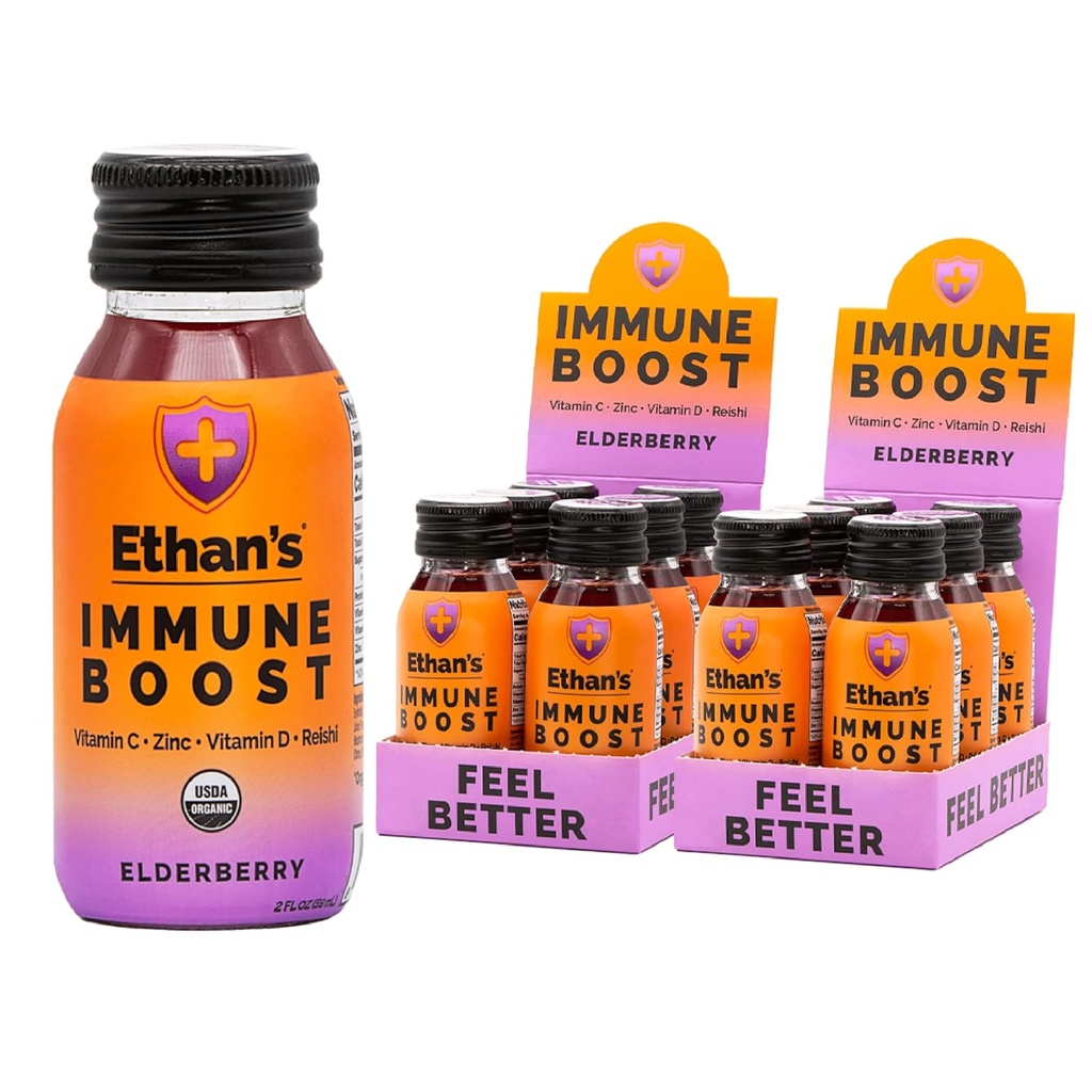 Zapatos de algodón orgánico de Ethan, Elderberry Flavor. Siéntete mejor. Apoyo a la inmunidad, hecho con fruta real, vitamina C, vitamina D, reishi, zinc, sin azúcar añadido (12 Pack de 2oz Zapatos)