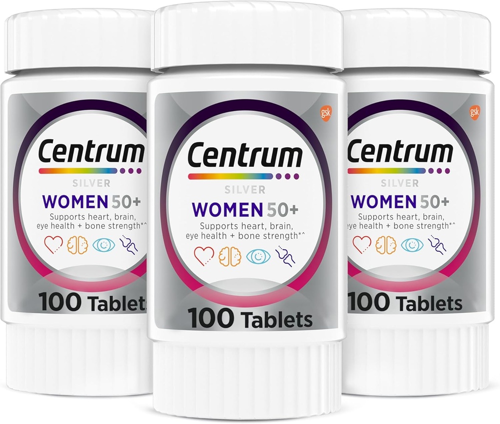 Multivitamina de Mujeres de Plata Centrum para Mujeres 50 Plus, Suplemento Multivitamina/Multimineral con Vitamina D3, B Vitaminas, Calcio y Antioxidantes, Gluten Libre, Ingredientes No GMO - 300 Conde