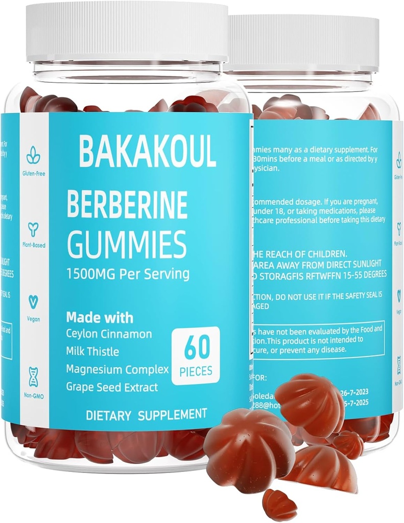 Berberina con gomas de canela de Ceylán, bereberina sin azúcar 1500 mg y canela de Ceylán 500 mg, gomas de bereberina de alta potencia con complejo de magnesio y cardo de leche, 60 gummies