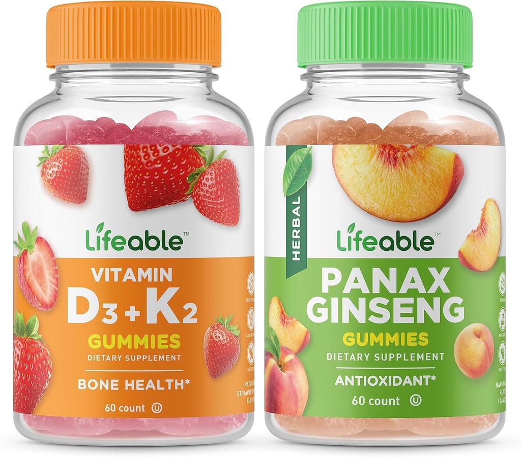 Lifeable Vitamin D3 + Vitamina K2 + Panax Ginseng, Gummies Bundle - Gran Tasting, Suplemento de vitamina, Gluten Gratis, GMO Gratis, Chewable Gummy