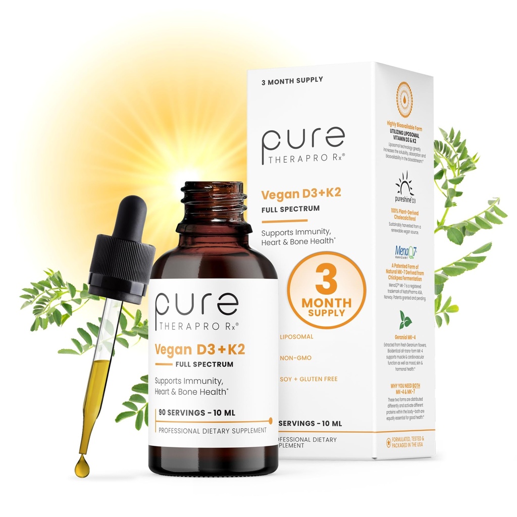 Puro Therapro Rx Vegan D3 + K2 Orgánico 100% Liposomal 10ml Hecho en EE.UU. TENIDO 3 Mes de Absorción Máxima Vitamina D3 y Vitamina K2 Suplementos para Hombres y Mujeres, D3 Vitamina 5000 UI