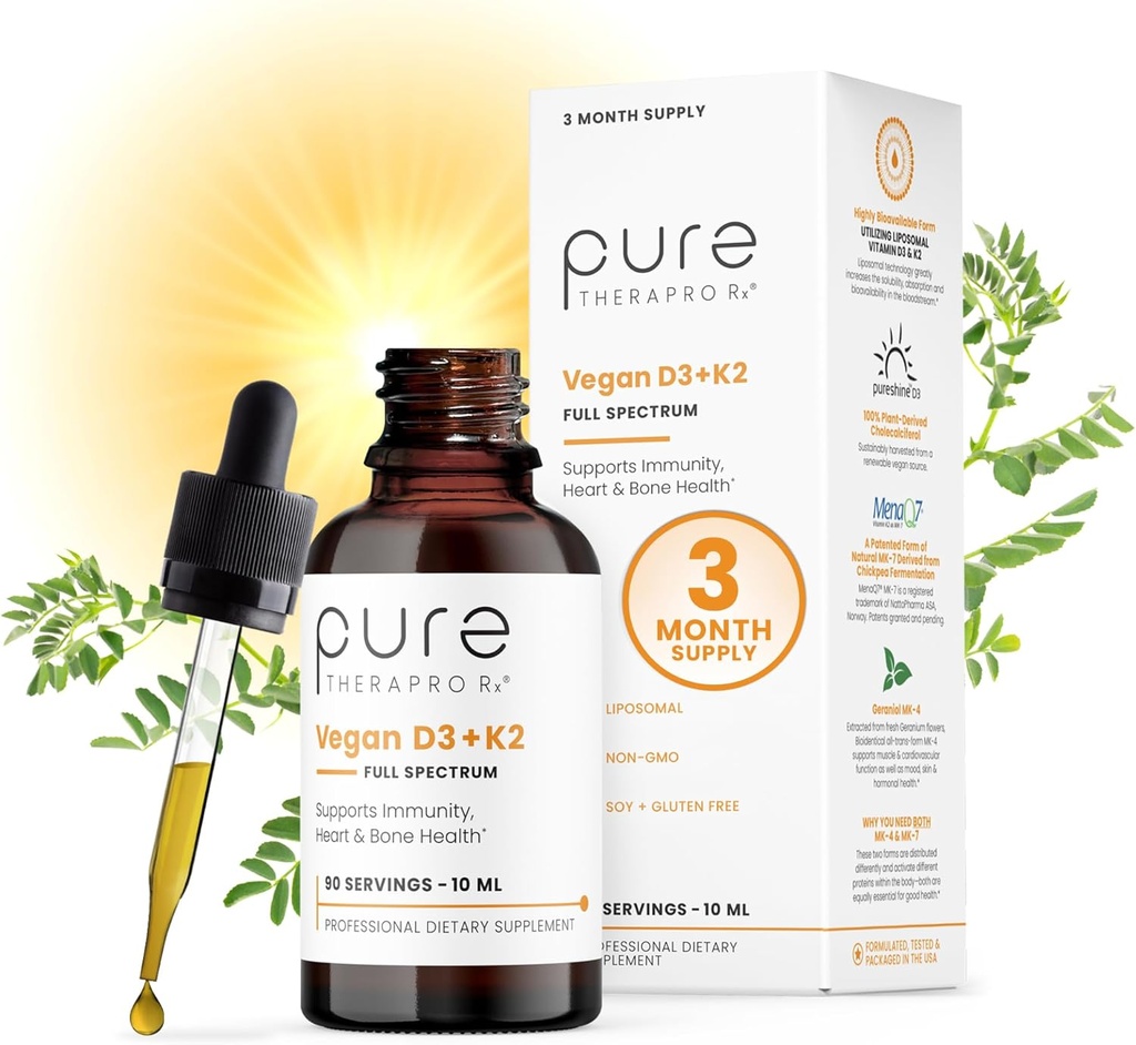 Puro Therapro Rx Vegan D3 + K2 Orgánico 100% Liposomal 10ml Hecho en EE.UU. TENIDO 3 Mes de Absorción Máxima Vitamina D3 y Vitamina K2 Suplementos para Hombres y Mujeres, D3 Vitamina 5000 UI