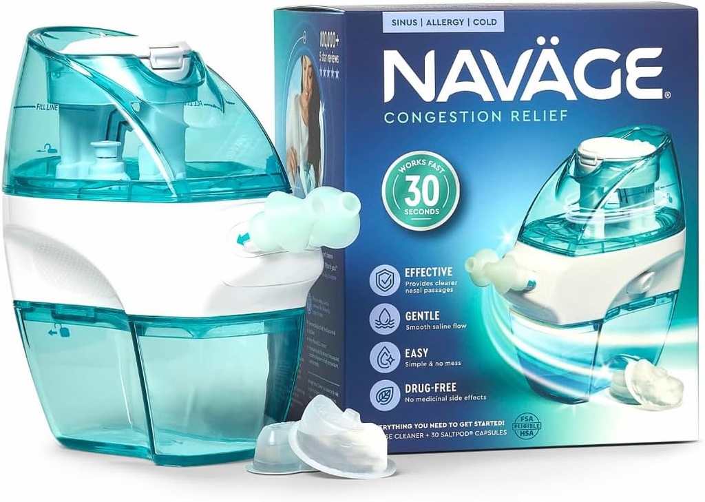 Navage Starter Bundle - Nasal Irrigation System - Saline Nasal Rinse Kit con 1 Navage Nose Cleaner y 30 Salt Pods