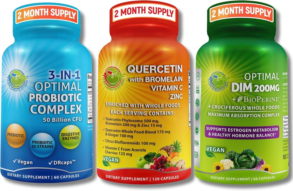 Vegan Hormonal, Immune & Gut Health Support Bundle – Quercetin 500mg con Bromelain, Zinc &amp; Vitamina C + DIM 200mg con BioPerine® + 3-in-1 Probiotic 50 Billion CFU con Enzimas Digestivos & Prebióticos