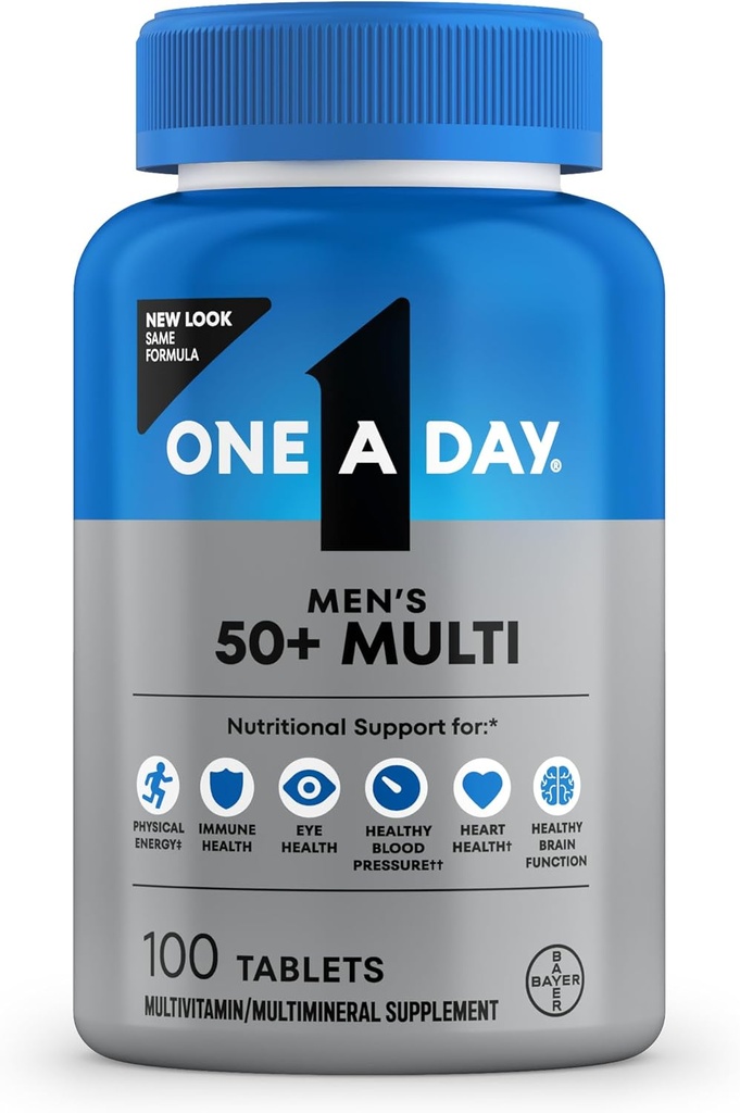Uno A día Hombres 50+ Multivitaminas, Suplemento con A, C, D, E y Zinc para la Salud Inmunitaria*, Calcio &amp; Más, 100 Tabletas