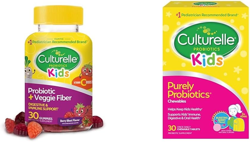 Culturelle Daily Probiotic for Kids + Veggie Fiber Gummies (Ages 3+) - 30 Count " Kids Chewable Daily Probiotic for Kids, Ages 3+, 30 Count, #1 Pediatrician-Recommend