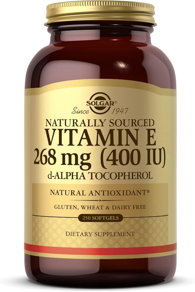 Solgar Vitamin E 268 mg (400 IU) - 250 Softgels - Naturally-Sourced Vitamin E as d-Alpha Tocopherol - Gluten Free, Dairy Free - 250 Servings