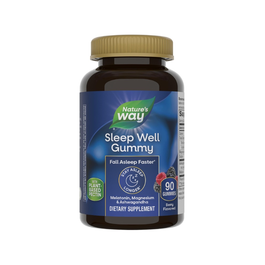 Nature's Way Sleep Well Melatonin and Magnesium Gummies, Sleep Support for Adults*, with Ashwagandha, Berry Flavored, 90 Gummies