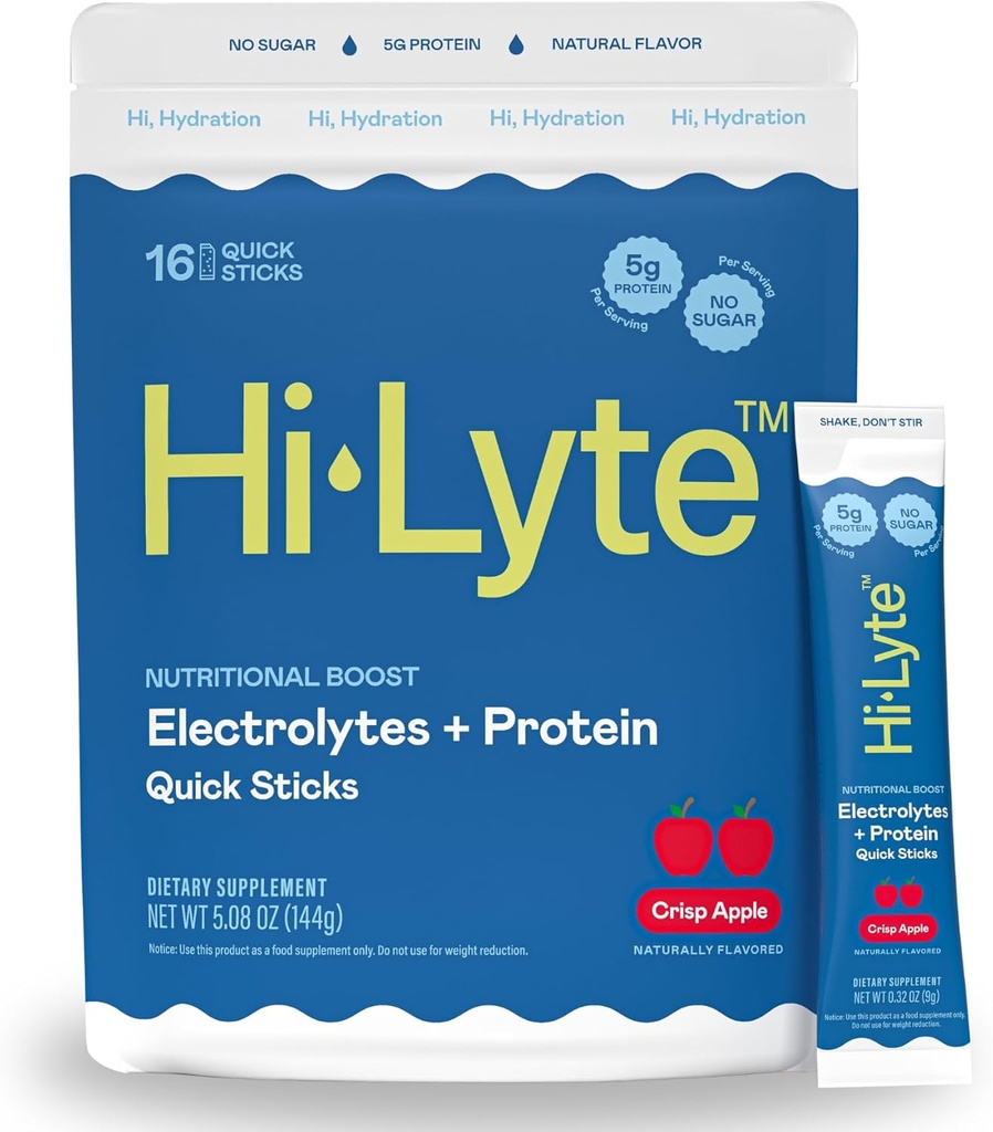 Hi-Lyte Electrolytes + Protein Quick Sticks Crisp Apple, 16 Servings - Sodium, Potasio, Whey Protein - Keto Friendly - 5g Protein, No Sugar