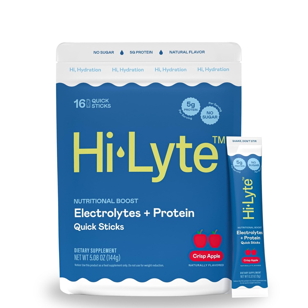 Hi-Lyte Electrolytes + Protein Quick Sticks Crisp Apple, 16 Servings - Sodium, Potassium, Whey Protein - Keto Friendly - 5g Protein, No Sugar