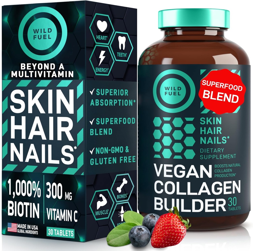 WILD FUEL Vegan Collagen Builder - Biotina, Superalimentos orgánicos, Aminoácidos Glycine, Lysine, Proline Plant-Based Collagen Booster Suplementos - 30 Organic Extract Tablets