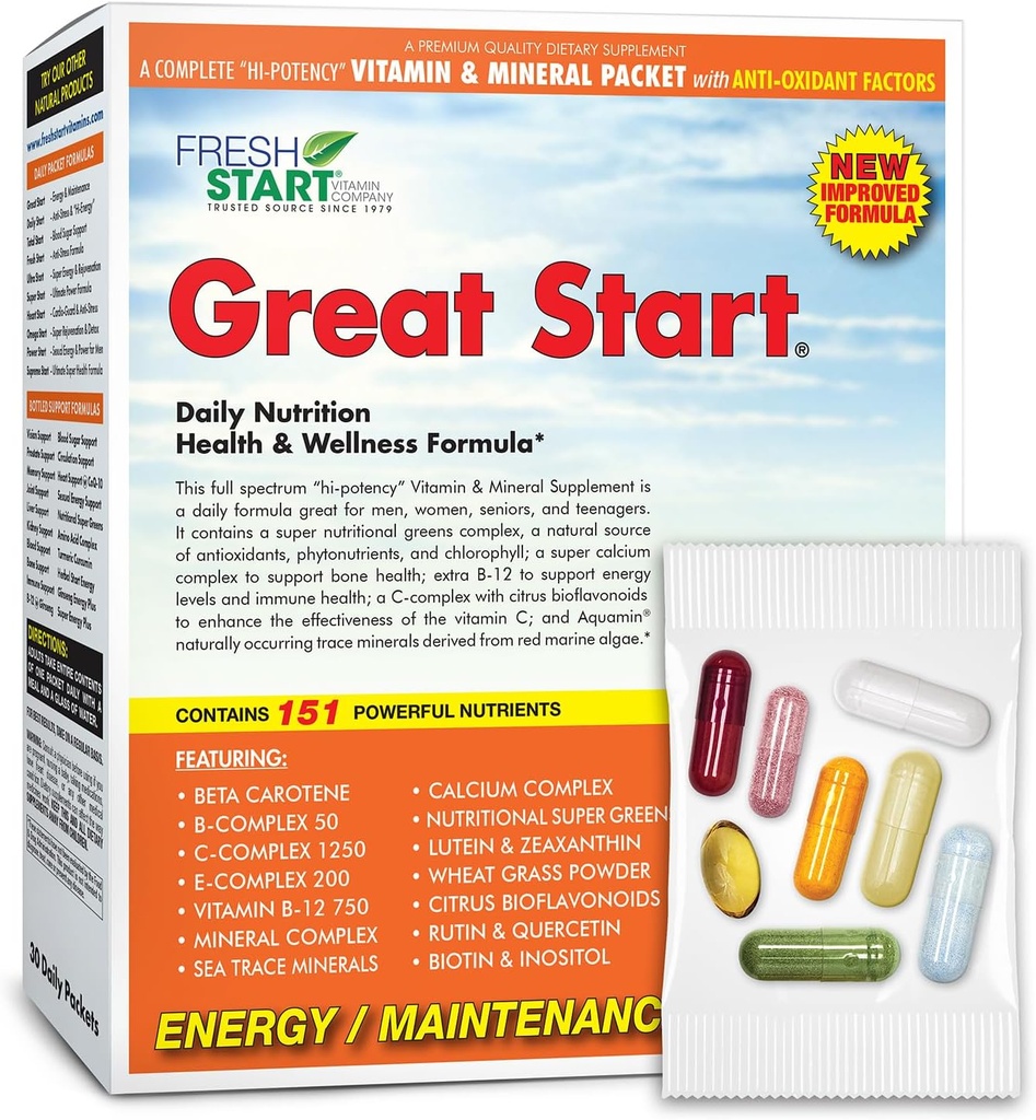 Gran Comienzo Completo paquete de vitaminas diarias ← Energía " Esenciales " , Vitamina A, B, C, D, E, B12, Biotina, Minerales, Calcio, Magnesio, Zinc, Super Greens (30 Packets)