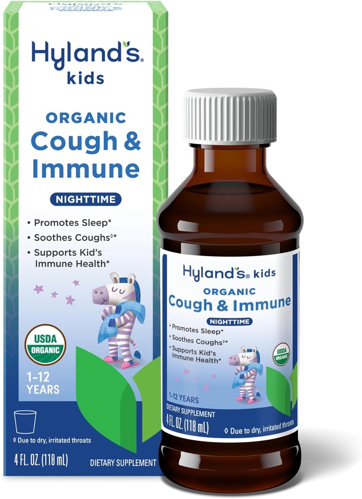 Hiland's Kids Nighttime Organic Cough Syrup and Immune Support with Agave, Elderberry and Pomegranate, Soothes Cough, and Supports Immunity, 4 Fl. Oz.
