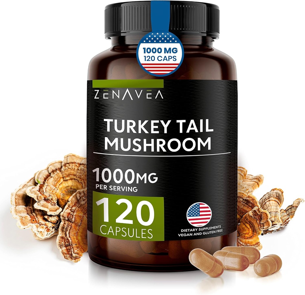 Turquía Tail Mushroom Capsules Immune System Support, Antioxydant and Digestive Properties - Mushrooms Suplemento 1000mg - 120 Capsules - Equivalente a 15,000 mg de Orgánica Turquía Tail