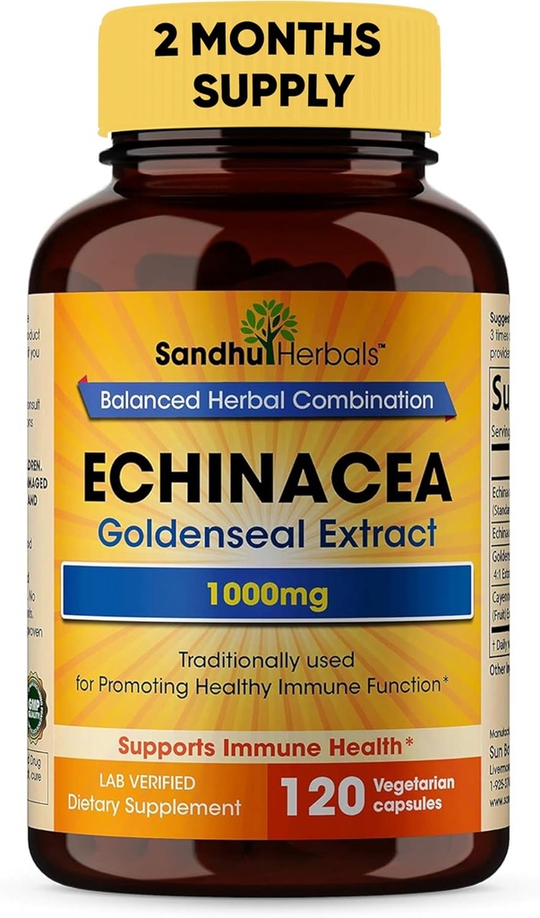 SANDHUHERBALS Sandhu Herbals Echinacea Goldenseal 1000 Mg 120 Capsules  Immune System Support Respiratory Response Suplemento