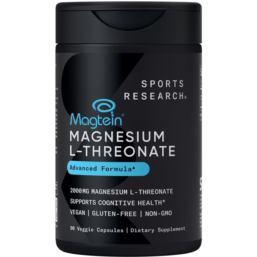 Estudios Deportivos Magtein Magnesium L-Threonate Capsules - Magnesium Supplement for Memory, Focus & Cognition - Magnesium L Threonate Supports Brain Health, Sleep & Mood - 2000mg, 90 cápsulas para adultos
