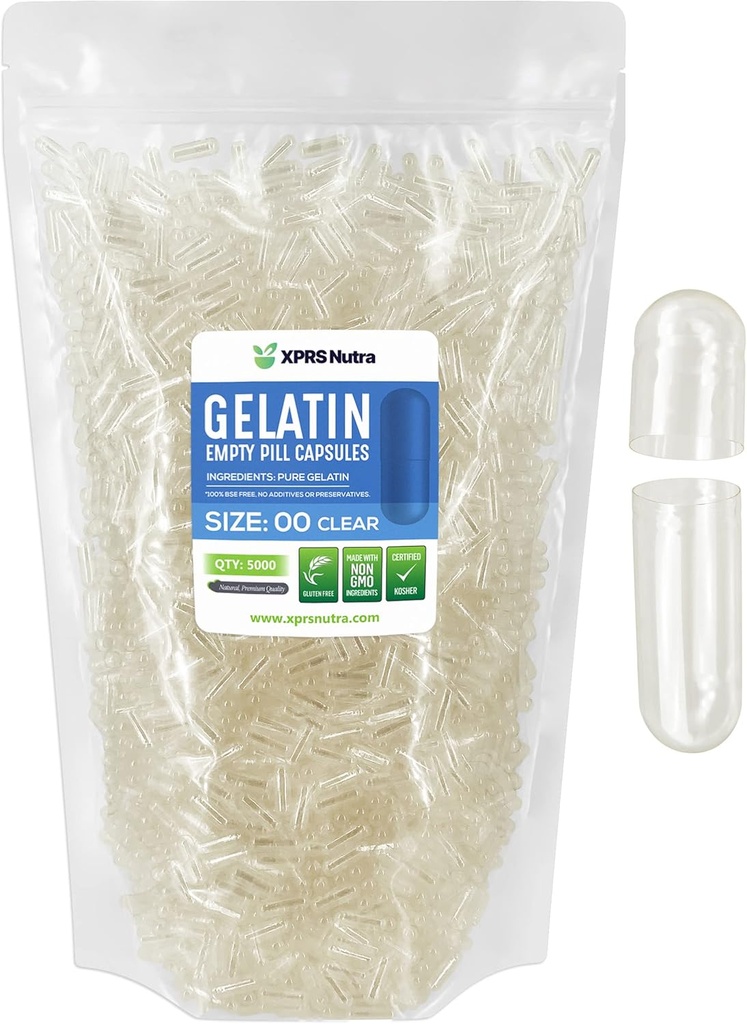 XPRS Nutra Tamaño 00 Empty Capsules - 5000 Conde Clear Empty Gelatin Capsules - Pills DIY Capsule Filling - Fillable Pill Gel Caps for Do It Yourself Suplementos