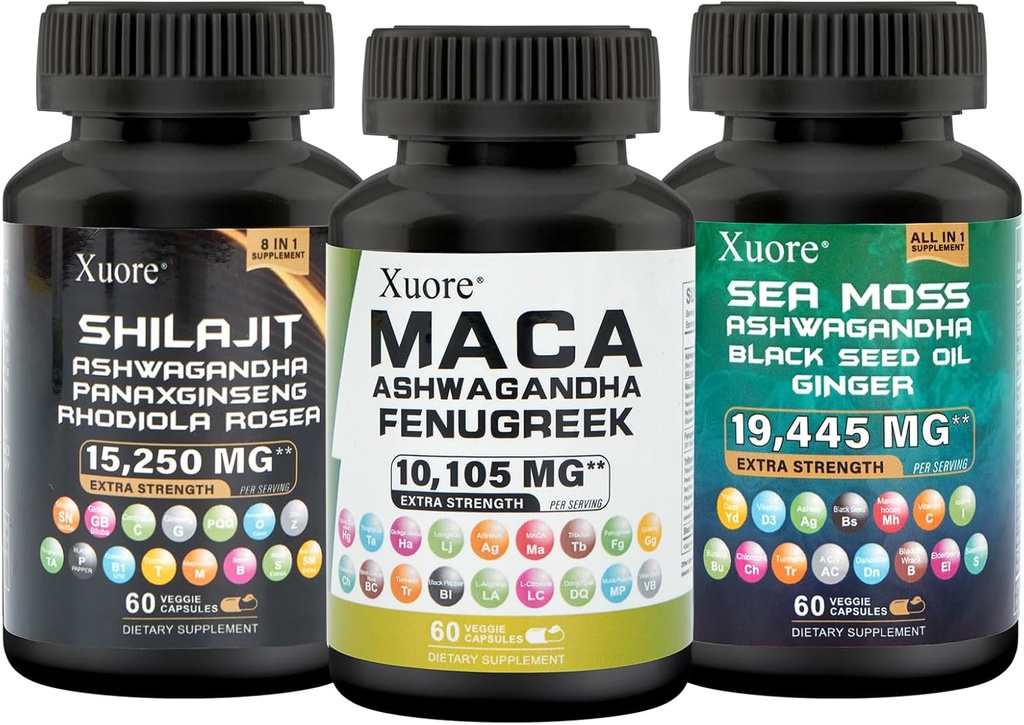 Bundle of Sea Moss,Shilajit,Maca, Black Seed Oil, Ashwagandha, Ginger, Shilajit, Rhodiola Rosea, Panax Ginseng, Maca Root, Fenugreek, Trifibranol100X,Todos en uno Suplementos (1 Pack)