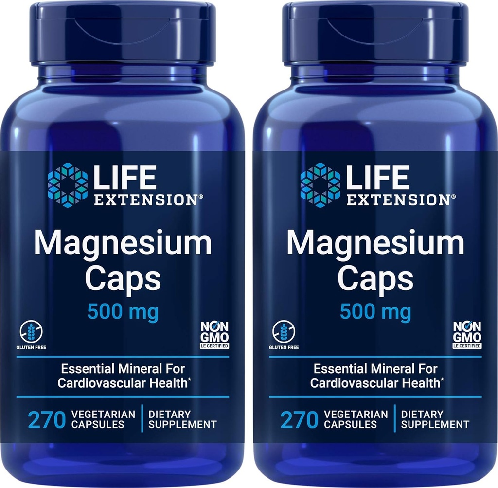 Ampliación de vida Magnesium Caps 500mg, 270 Capsules (Pack of 2) - Vegan, Non-GMO, Mag Complex Supplement w/Oxide, Citrate, Succinate