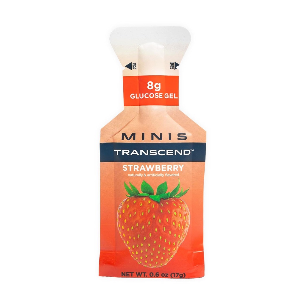 Transcend Foods Mini Strawberry Gel (.6 oz, Pack of 24) Fast-Acting Carb Gel Strawberry Flavor – Tamaño de viaje, Caffeine Gratis, Gluten Free