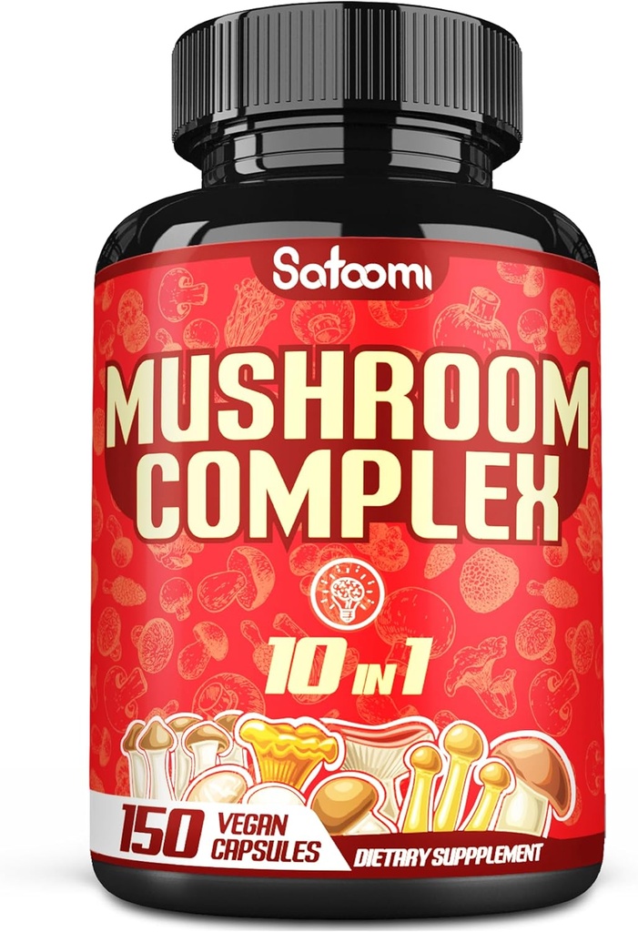 Satoomi 10in1 Mushroom Complex Supplements - 5 Month Supply - Blended with Lions Mane, Cordyceps, Reishi, Chaga, Maitake, Shitake &amp; Others -Brain Support - 150 Capsules