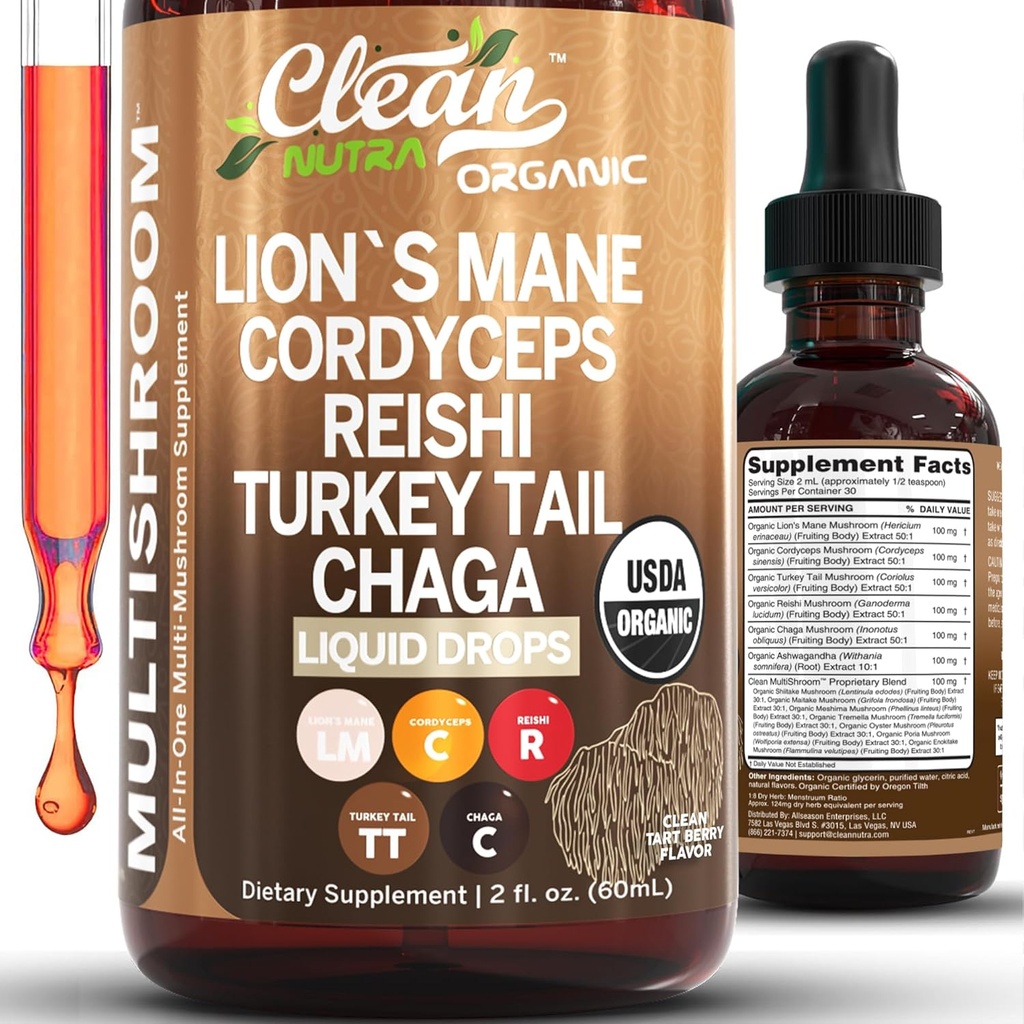 Organic Lions Mane Mushroom Suplemento Liquid Drops + Turquía Tail Cordyceps Reishi Chaga Shitake Maitake Tremella Oyster Mushrooms Poria y Enokitake Complex Blend by Clean Nutra