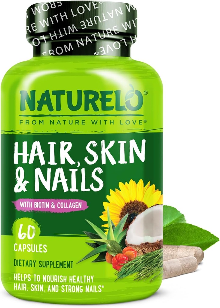 NATURELO Hair, Skin and Nails Multivitamin - 5000 mcg Biotina, Collagen, Vitamina Natural E - Suplemento para la piel sana, Crecimiento del cabello para mujeres y hombres 60 cápsulas