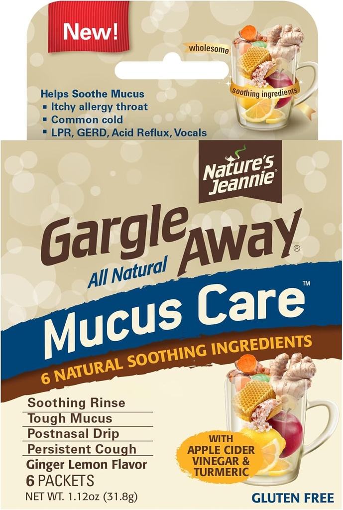 Gargle Away by Nature's Jeannie All Natural Mucus Care- Soothes Mucus, Post Nasal Drip, Persistent Cough, 6 Packets, Ginger Lemon Flavor
