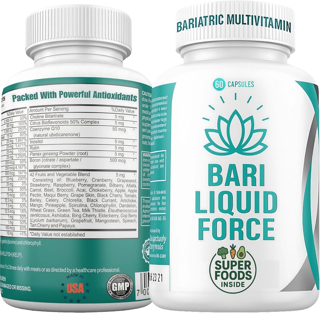 Bari Liquid Force One a Day Bariatric Multivitamin with Iron – Rapid Absorption Gel Caps for Gastric Sleeve, Bypass, Duodenal Switch – Superfood Blend - Bariatric Must Haves for Women &amp; Men