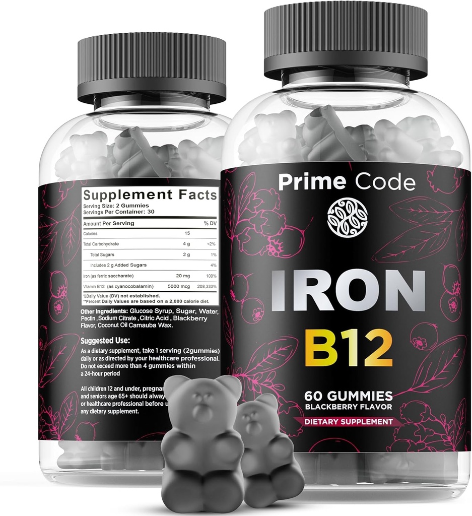 Vitamina B12 Gummies para Hombres, 20 mg Suplemento de Hierro para Adultos, Constructor de Sangre Libre para Anemia, Vitamina B12 Gummies con Sabor de Fresa Natural de Hierro, Vegan, No GMO, 30 Day Supply