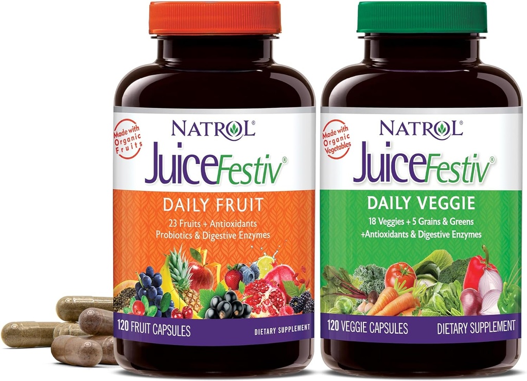 Natrol JuiceFestiv, The Ultimate Fruit and Veggie Super-Food to Support Balanced Nutrition and General Well-Being, Plus Antioxidants for Cellular Health, 120 Capsules (2-Count), Hasta 60 Day Supply