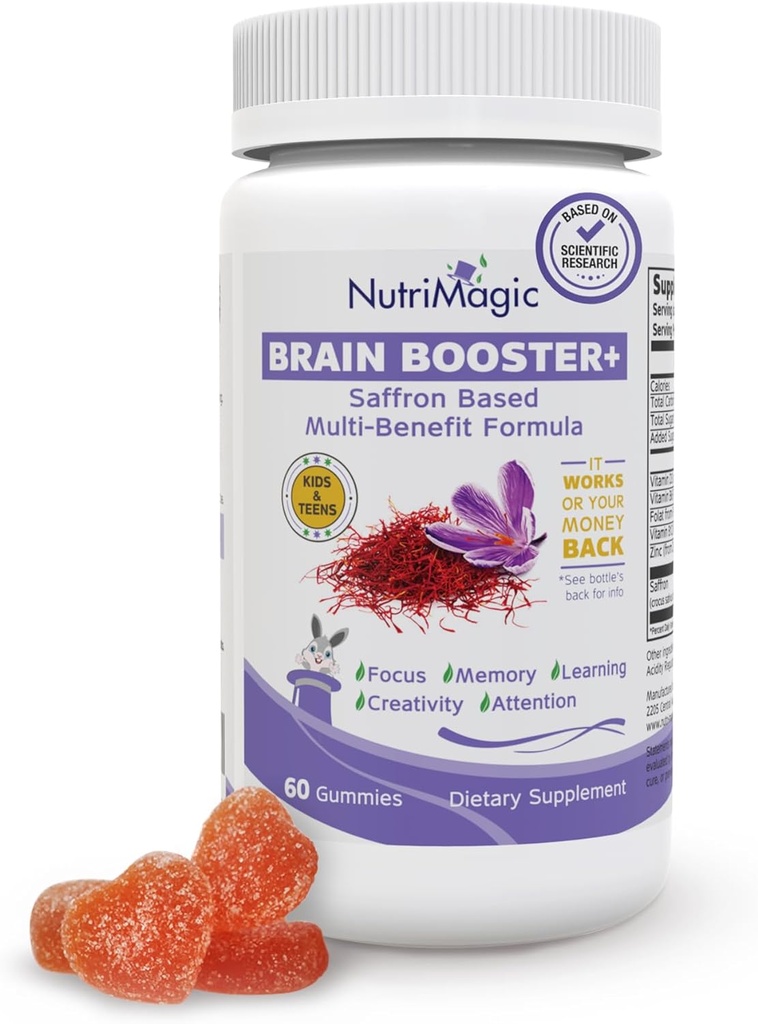 Cerebro Booster+ 30mg Extracto puro de Saffron Gummies & Multivitamin D3, B6, B12, Zinc, apoya la salud cerebral infantil, Focus, Memory, Atención, Equilibrio de humor, Suplemento de niños no transgénicos, 30x.