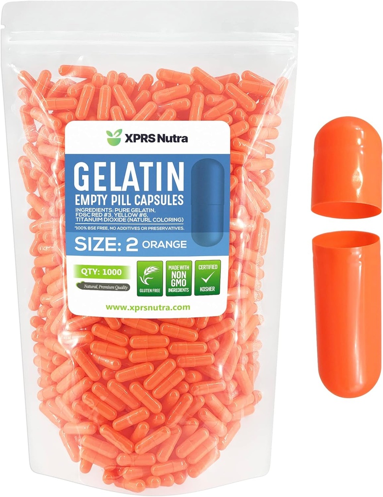 XPRS Nutra Size 2 Empty Capsules - 1000 Count Empty Gelatin Capsules - Pills DIY Capsule Filling - Pure Bovine Pill Gel Caps for Do-It-youself Supplements (Orange)