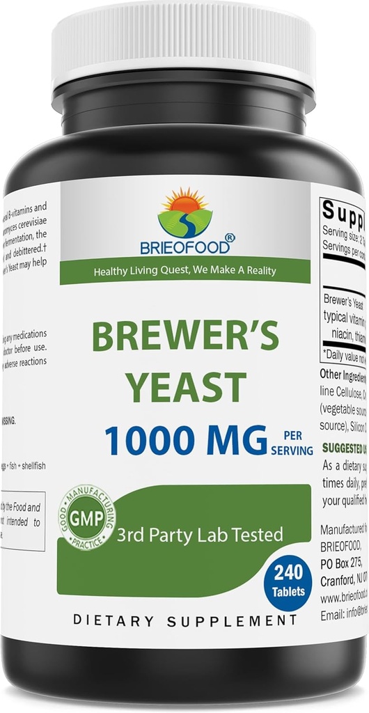 Brieofood Brewers Yeast 1000 mg por Serving - 240 Tablets - 3rd Party Labe Tested for Purity & Quality