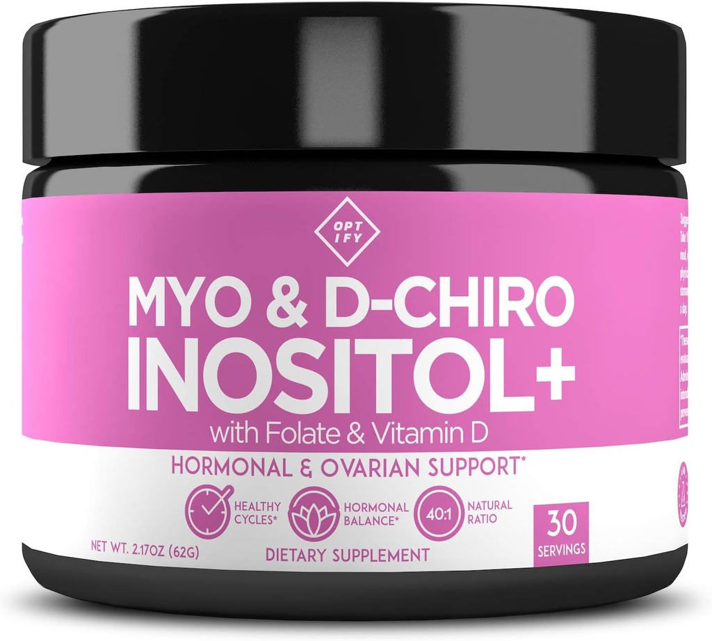 Optify Myo-Inositol & D-Chiro Inositol Suplemento Polvo para Mujeres – 40:1 Ratio Plus Folato y Vitamina D – Apoyo Saldo hormonal saludable, Ciclos regulares, Salud Ovárica – Suministro de 30 días