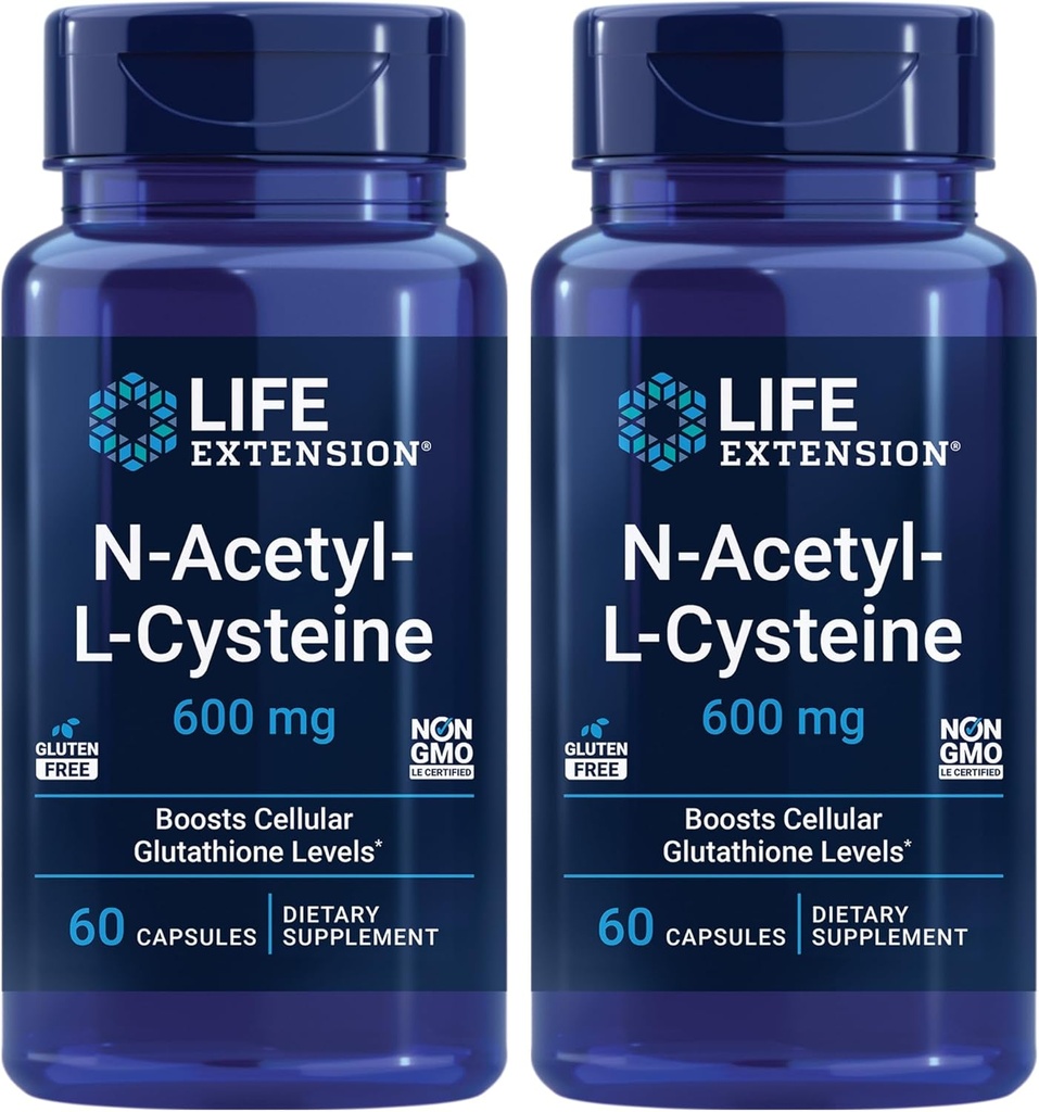 Extensión de la vida N-Acetyl-L-Cysteine (NAC), Respuesta inmune, Salud respiratoria, Salud del hígado, NAC 600 mg, Defensa antioxidante, radicales libres, Fácil de absorber - Dos paquete x 60 cápsulas