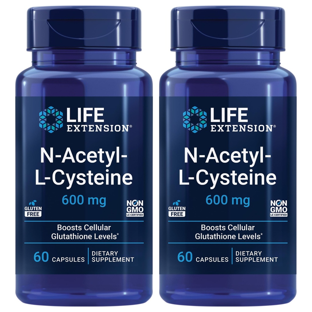 Extensión de la vida N-Acetyl-L-Cysteine (NAC), Respuesta inmune, Salud respiratoria, Salud del hígado, NAC 600 mg, Defensa antioxidante, radicales libres, Fácil de absorber - Dos paquete x 60 cápsulas